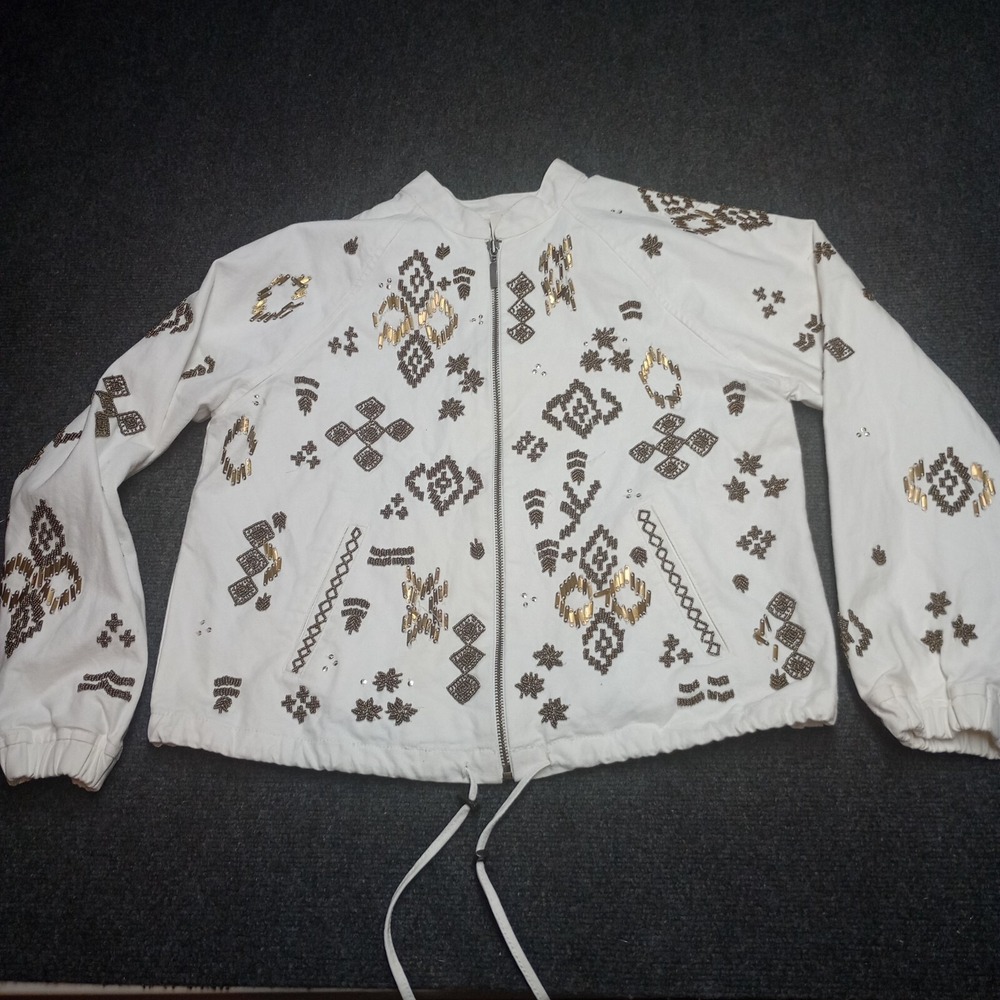 Chicos Shacket Women 1 White Beaded Adorned Full Zip Basic Lightweight Jacket
